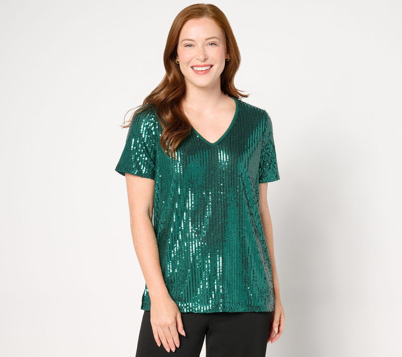 Jingle Belles by Kim Gravel Sequin Front Knit Back V Neck Top — Main view
