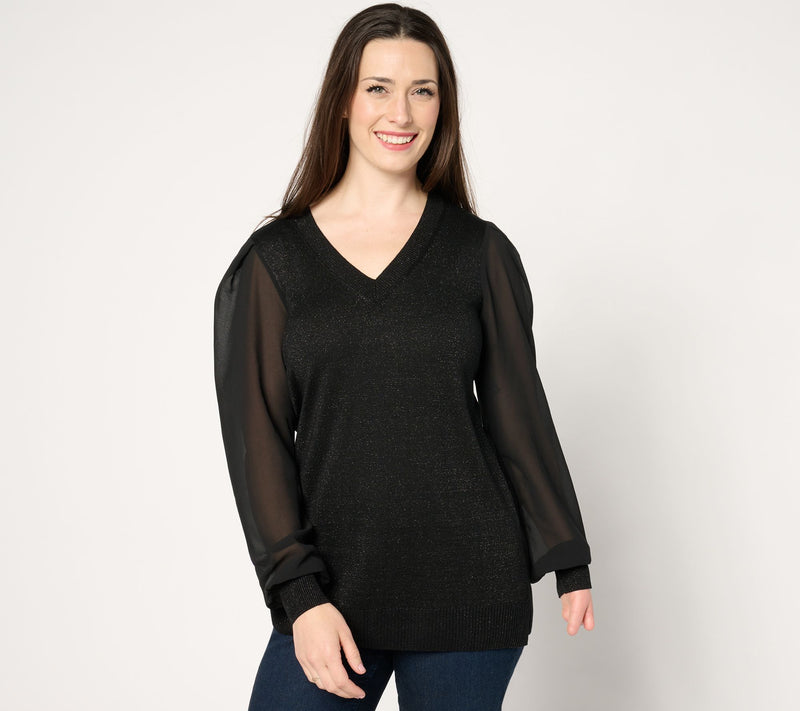 Belle by Kim Gravel Lurex V Neck Sweater with Chiffon Sleeves — View 9