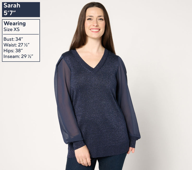 Belle by Kim Gravel Lurex V Neck Sweater with Chiffon Sleeves — View 11