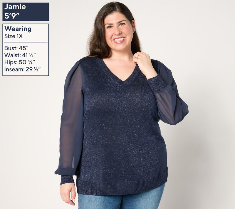 Belle by Kim Gravel Lurex V Neck Sweater with Chiffon Sleeves — View 10