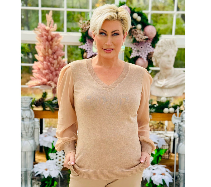 Belle by Kim Gravel Lurex V Neck Sweater with Chiffon Sleeves — View 16