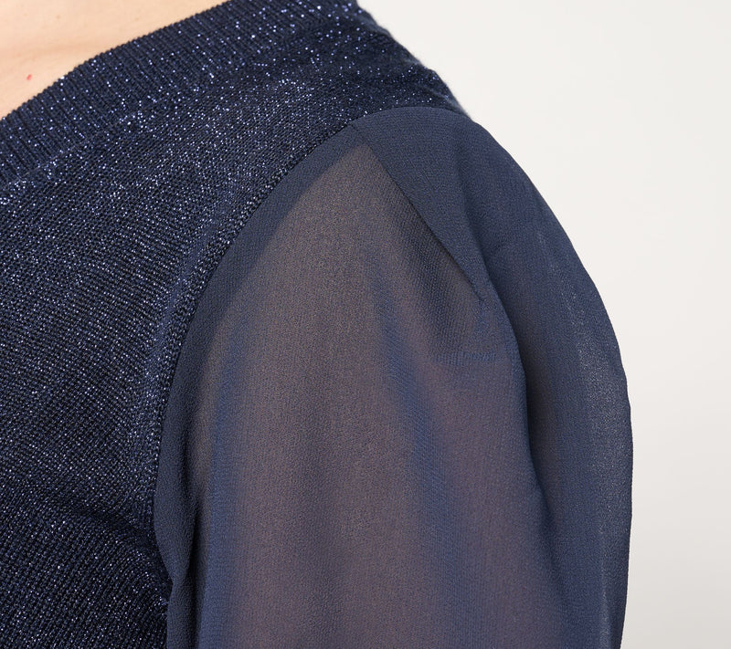 Belle by Kim Gravel Lurex V Neck Sweater with Chiffon Sleeves — View 14