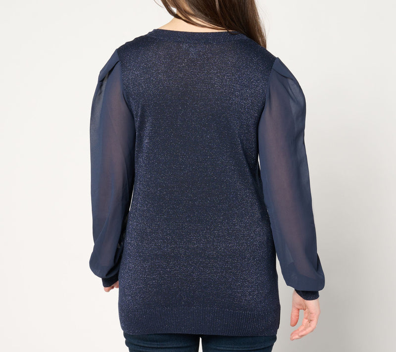 Belle by Kim Gravel Lurex V Neck Sweater with Chiffon Sleeves — View 12