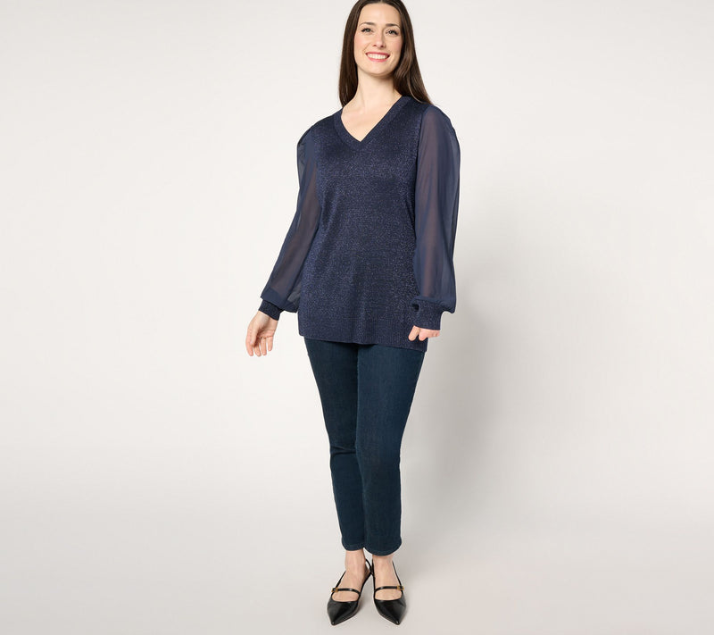 Belle by Kim Gravel Lurex V Neck Sweater with Chiffon Sleeves — View 13