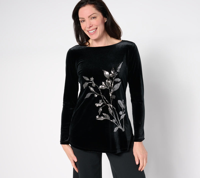 BEAUTIFUL by Lawrence Zarian Petite Stretch Velvet Placed Sequin Tunic — View 9