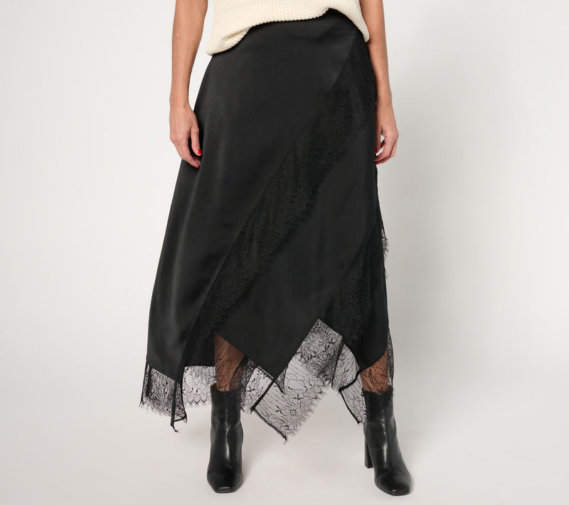 Me by Jennie Garth Regular Bella Satin Skirt w/ Lace Detail — View 9