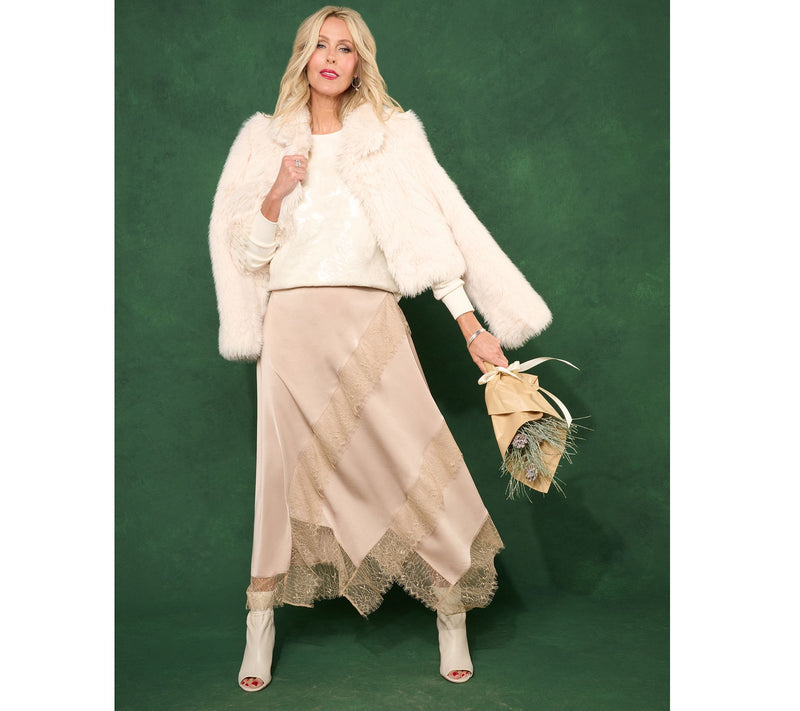 Me by Jennie Garth Petite Bella Satin Skirt w/ Lace Detail — View 13
