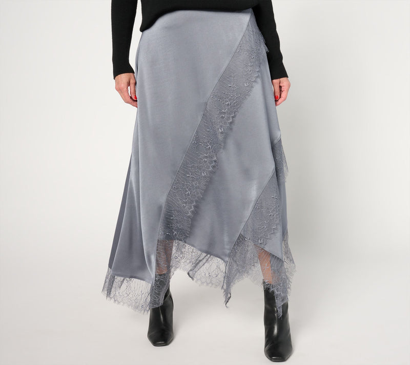 Me by Jennie Garth Petite Bella Satin Skirt w/ Lace Detail — View 7