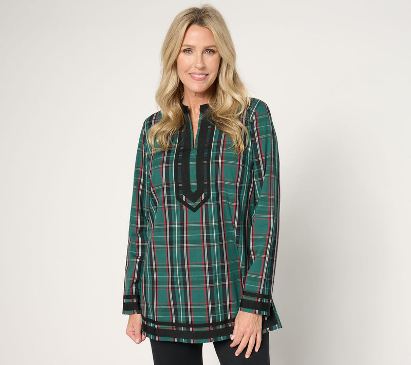 Jingle Belles by Kim Gravel Tartan Plaid Black Border Tunic Blouse — View 11