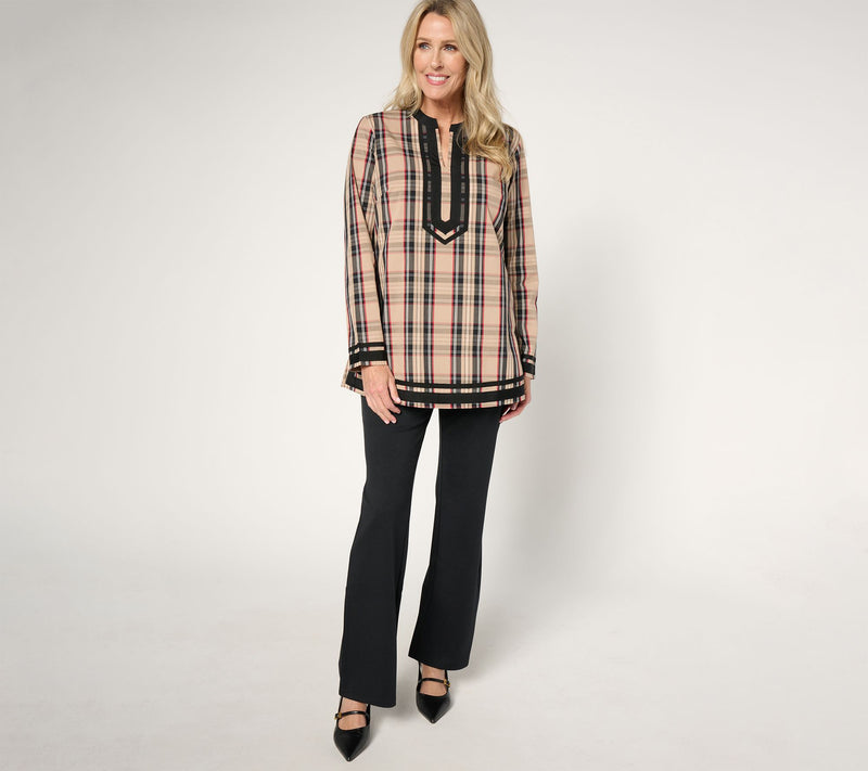 Jingle Belles by Kim Gravel Tartan Plaid Black Border Tunic Blouse — View 4