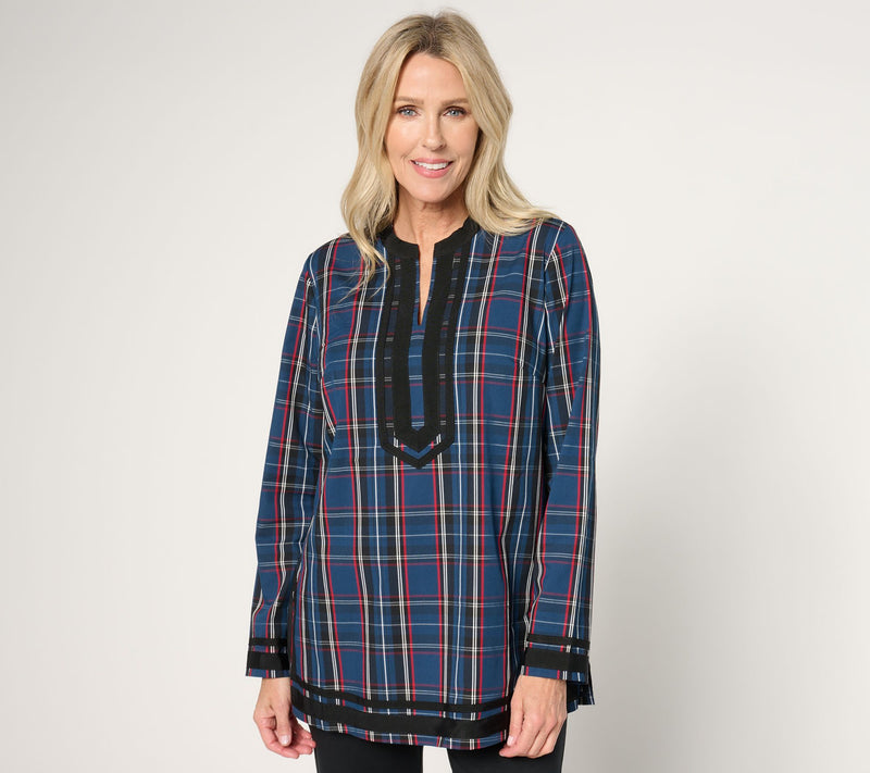 Jingle Belles by Kim Gravel Tartan Plaid Black Border Tunic Blouse — View 12