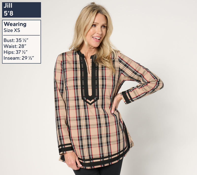 Jingle Belles by Kim Gravel Tartan Plaid Black Border Tunic Blouse — View 2