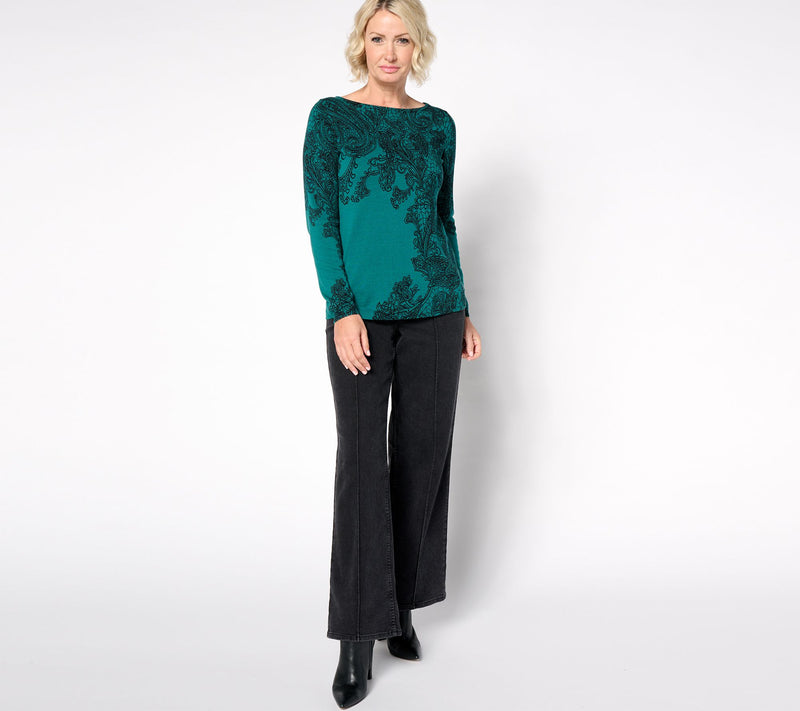 Susan Graver Printed Fine Gauge Sweater with Bateau Neck — View 10
