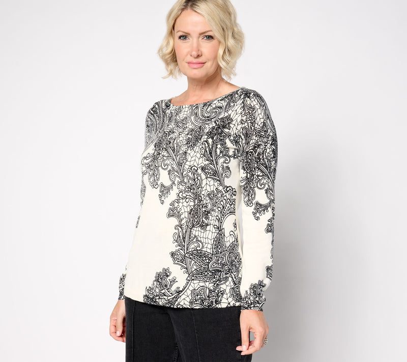 Susan Graver Printed Fine Gauge Sweater with Bateau Neck — View 5