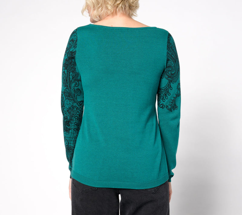 Susan Graver Printed Fine Gauge Sweater with Bateau Neck — View 9