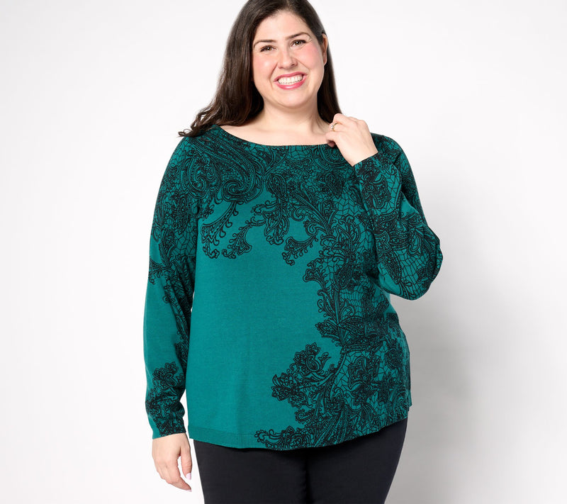Susan Graver Printed Fine Gauge Sweater with Bateau Neck — View 8