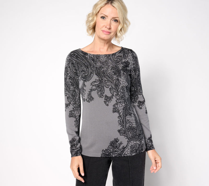 Susan Graver Printed Fine Gauge Sweater with Bateau Neck — View 7