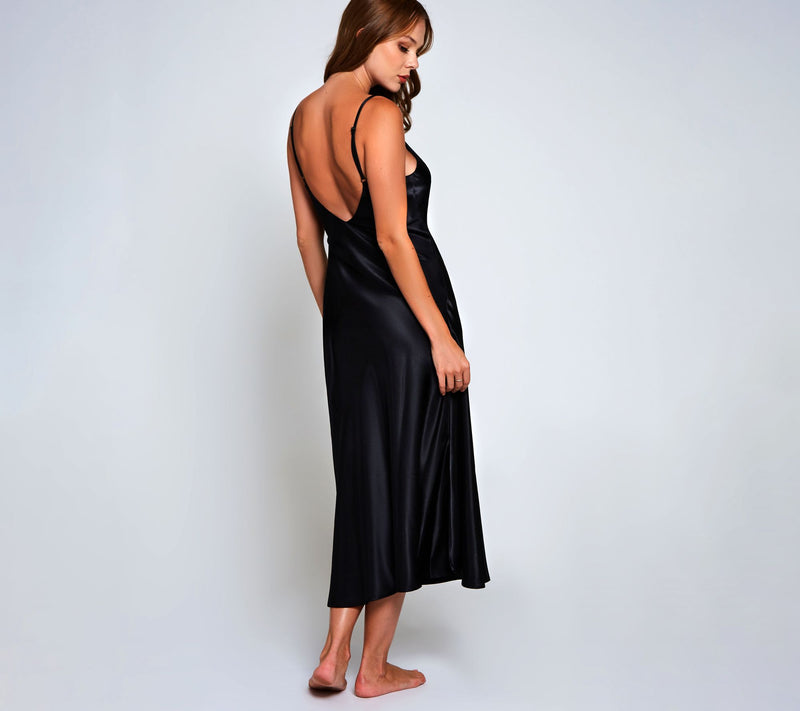 iCollection Satin Glossy Midi Sleep Dress in Onyx Black — View 3