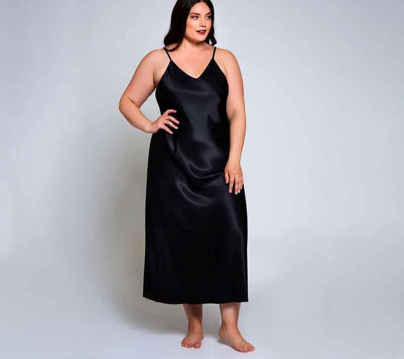 iCollection Satin Glossy Midi Sleep Dress in Onyx Black — View 4