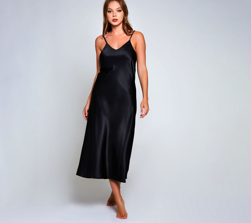 iCollection Satin Glossy Midi Sleep Dress in Onyx Black — View 7