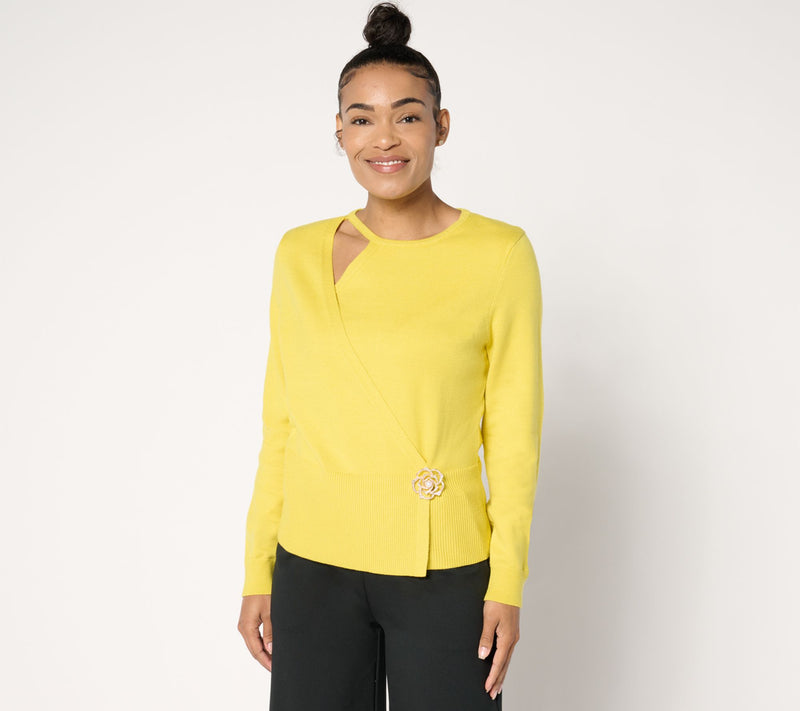 Mally Roncal Cut Out Sweater with Rose Brooch — View 5