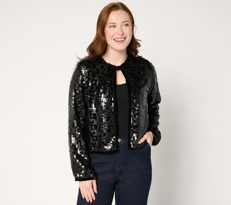 by Stacy London Sequin Tie-Neck Open Front Jacket — View 10