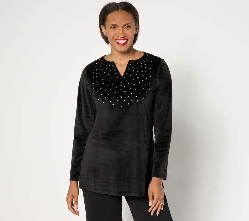 Quacker Factory Sparkle & Shine Split Neck Long sleeve Velour Tunic — View 7
