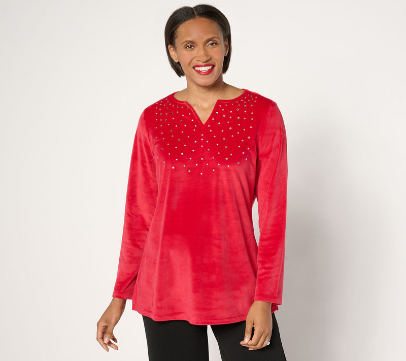 Quacker Factory Sparkle & Shine Split Neck Long sleeve Velour Tunic — Main view