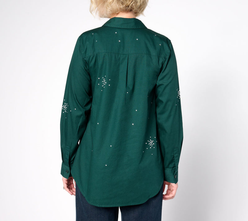 Joan Rivers Red Carpet Stretch Cotton Starburst Stone Button Front — View 4