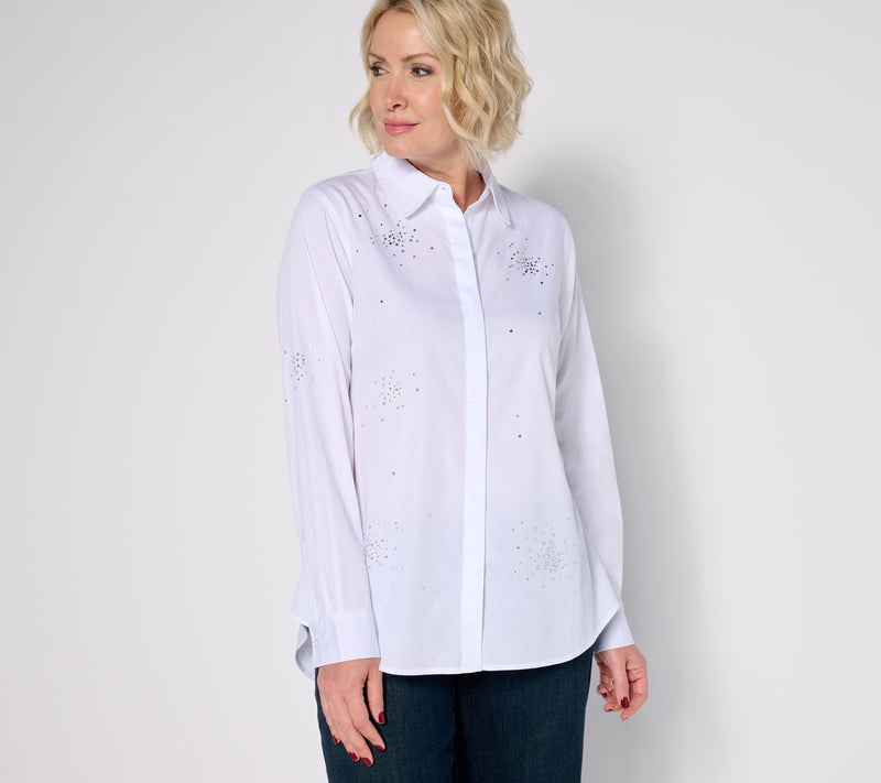 Joan Rivers Red Carpet Stretch Cotton Starburst Stone Button Front — View 12