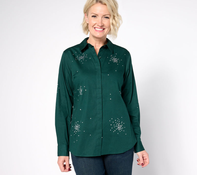 Joan Rivers Red Carpet Stretch Cotton Starburst Stone Button Front — View 13