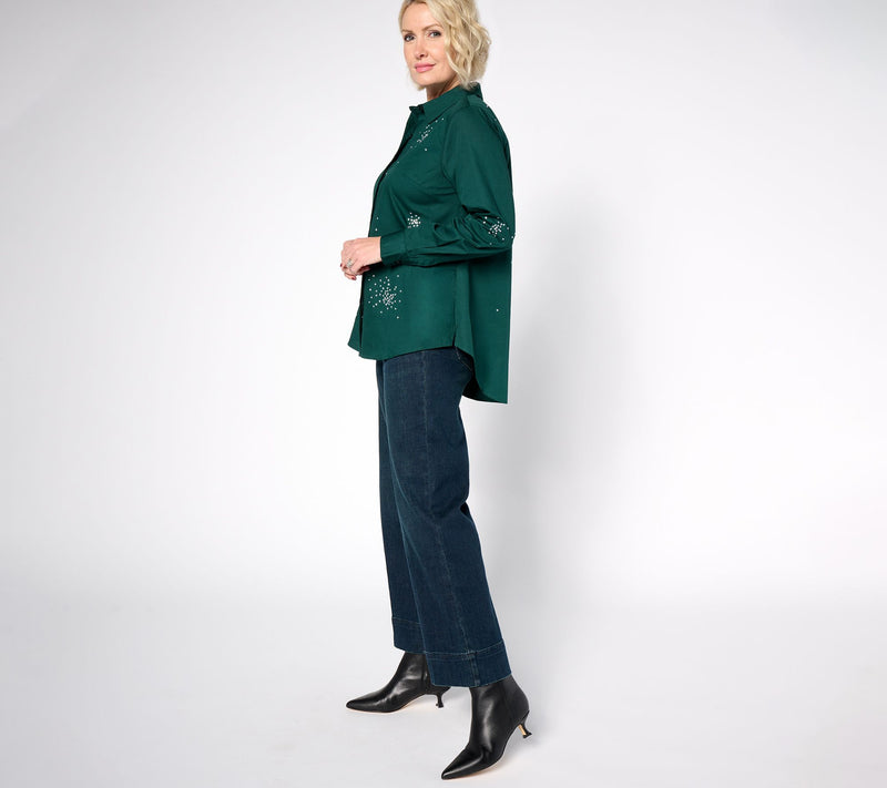 Joan Rivers Red Carpet Stretch Cotton Starburst Stone Button Front — View 5