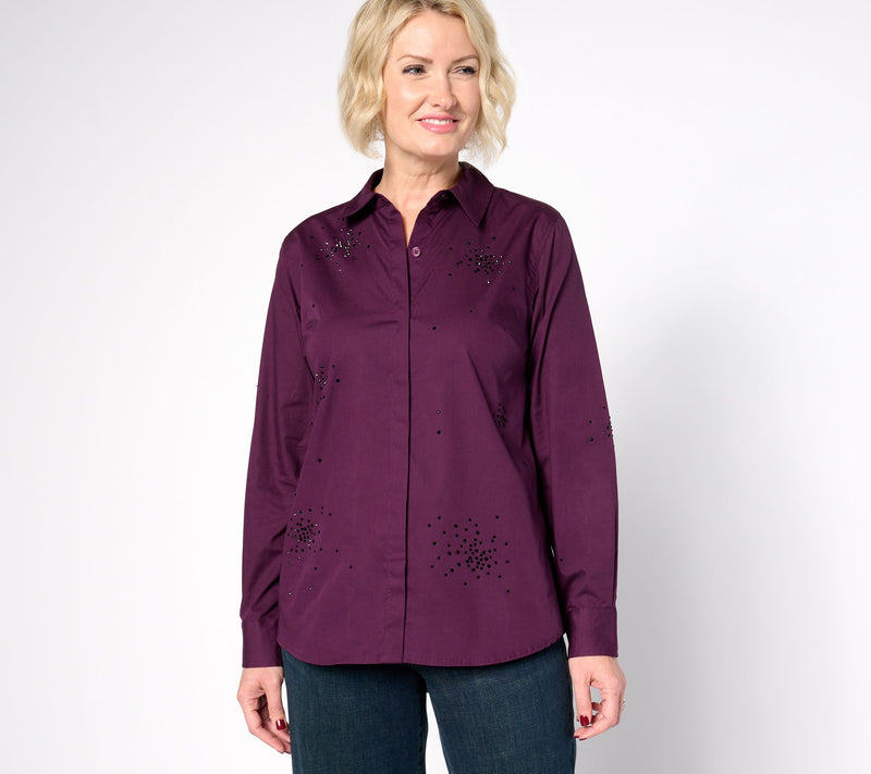 Joan Rivers Red Carpet Stretch Cotton Starburst Stone Button Front — View 14