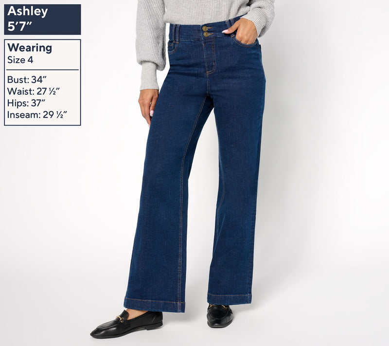 Denim & Co. Regular Indigo Easy Stretch Double-Button Wide-Leg Jeans — View 2