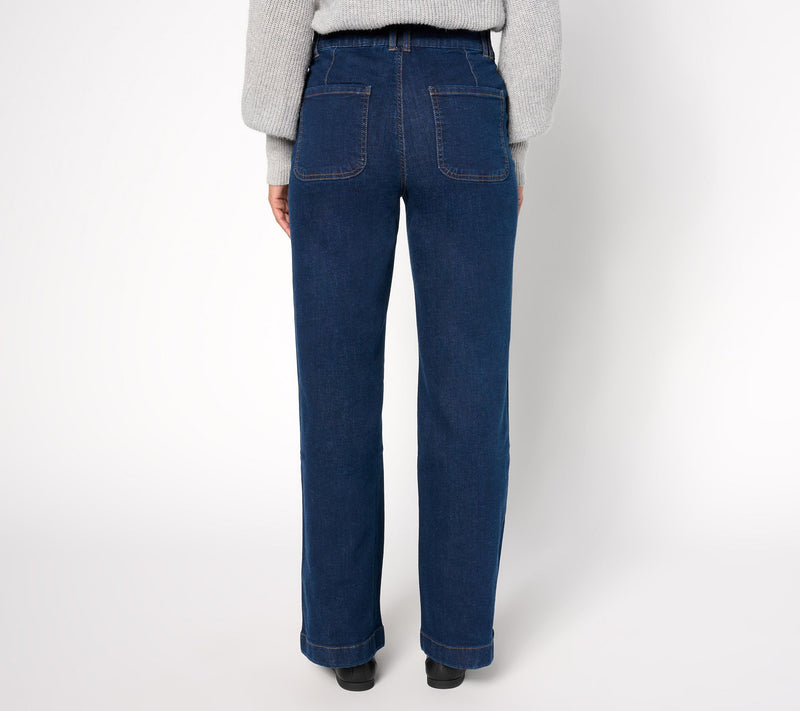 Denim & Co. Regular Indigo Easy Stretch Double-Button Wide-Leg Jeans — View 3