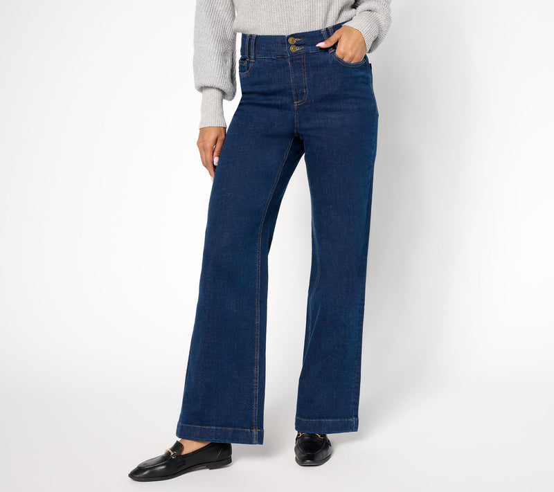 Denim & Co. Regular Indigo Easy Stretch Double-Button Wide-Leg Jeans — View 7