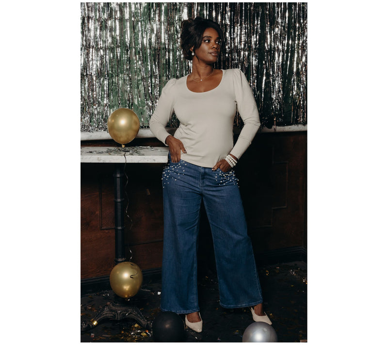 Me by Jennie Garth Indigo Reg Wide Leg Jean with Pearl Detail — View 10