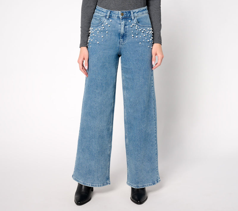 Me by Jennie Garth Indigo Reg Wide Leg Jean with Pearl Detail — View 3