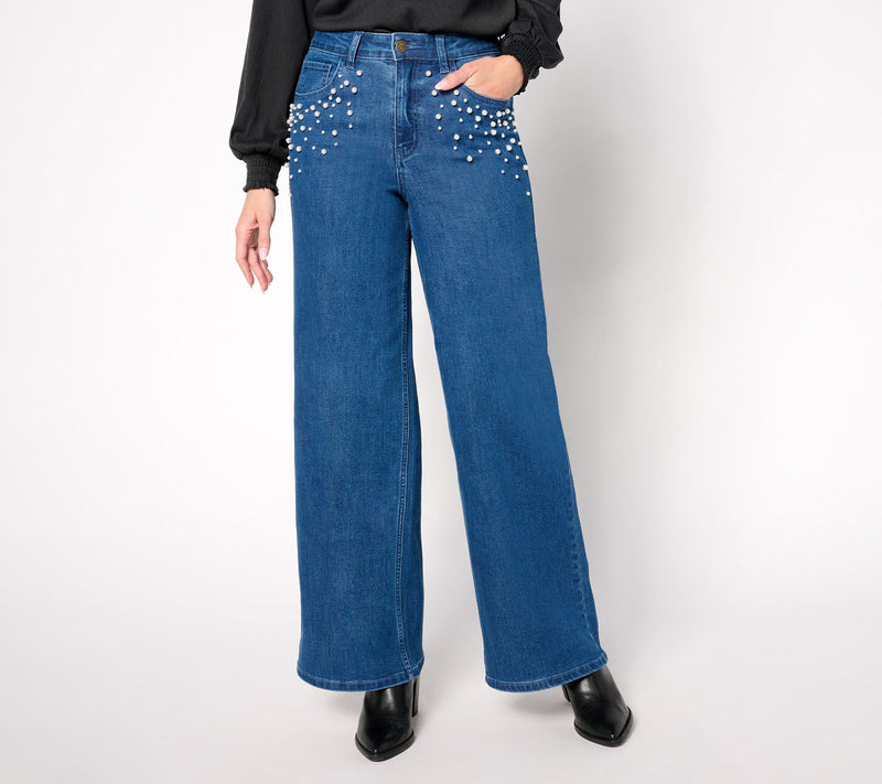 Me by Jennie Garth Indigo Reg Wide Leg Jean with Pearl Detail — View 5