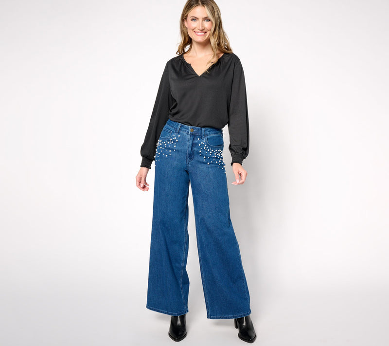 Me by Jennie Garth Indigo Reg Wide Leg Jean with Pearl Detail — View 8