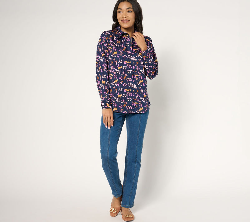 Denim & Co. Printed Poplin Button Front Shirt — View 11