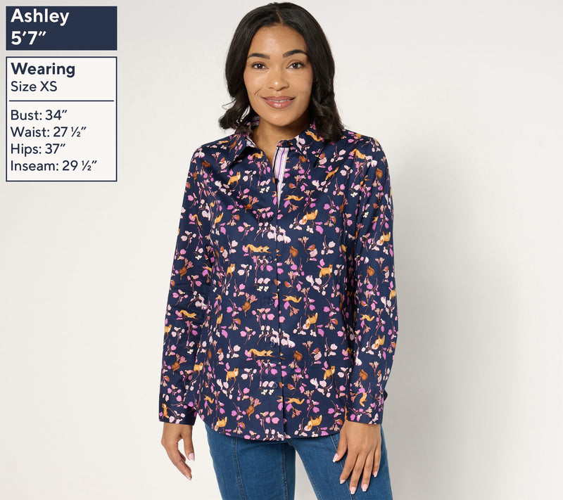 Denim & Co. Printed Poplin Button Front Shirt — View 9