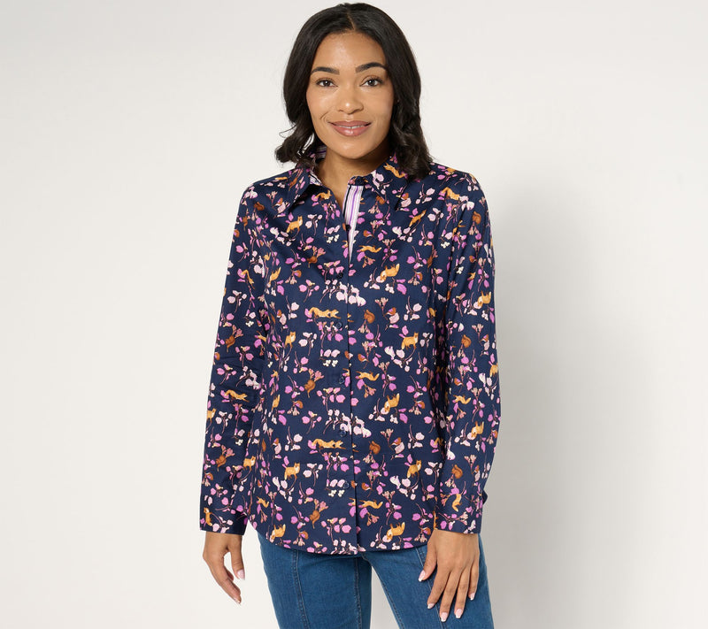 Denim & Co. Printed Poplin Button Front Shirt — View 3