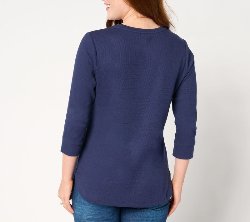 Denim & Co. Essentials Waffle Knit Round Neck 3/4 Sleeve Top — View 3