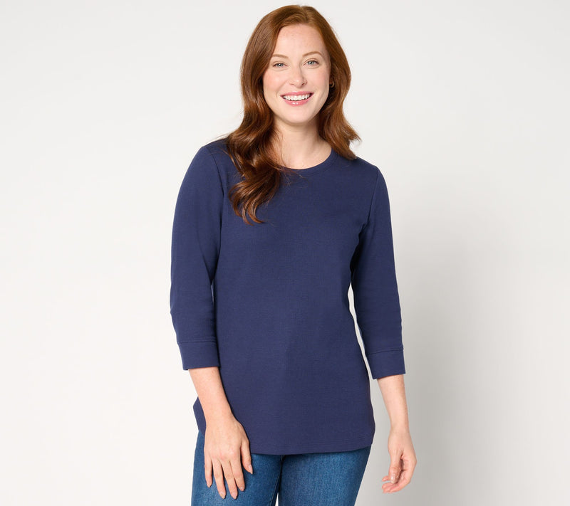 Denim & Co. Essentials Waffle Knit Round Neck 3/4 Sleeve Top — Main view