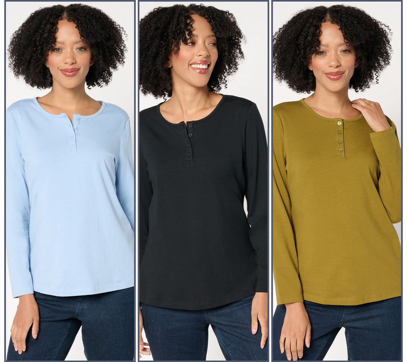 Denim & Co. Essentials Perfect Jersey 3-Pack Long Sleeve Henleys — View 3