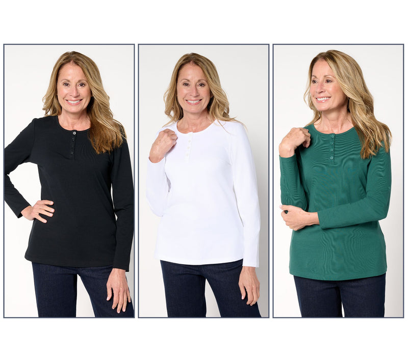 Denim & Co. Essentials Perfect Jersey 3-Pack Long Sleeve Henleys — View 19