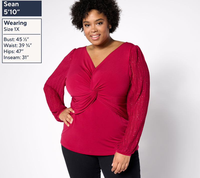 Susan Graver Occasions Liquid Knit Twist-Front Top w/Pleat Sleeves — View 8