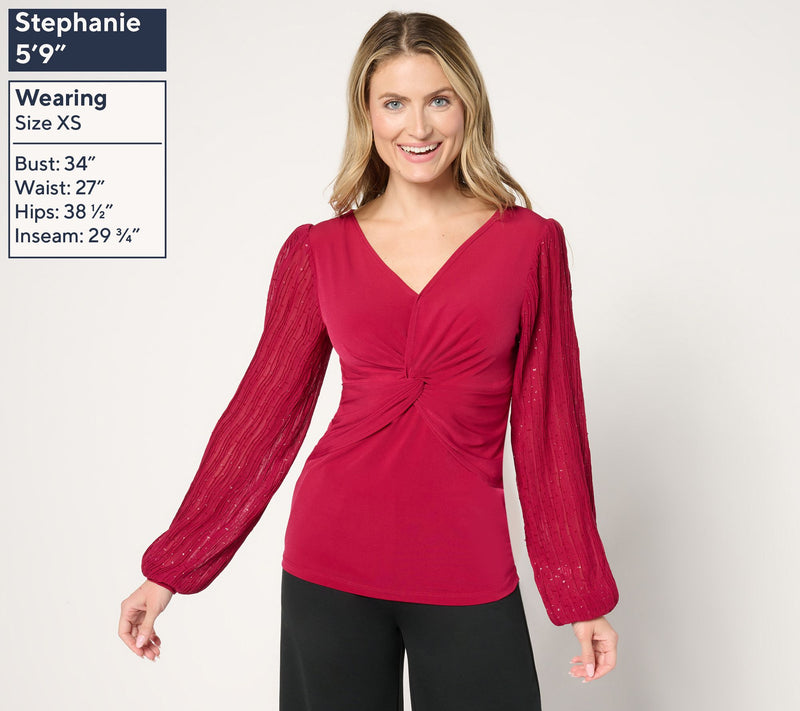 Susan Graver Occasions Liquid Knit Twist-Front Top w/Pleat Sleeves — View 9