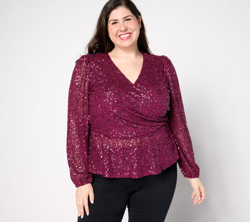 Susan Graver Occasions Sequin Faux Wrap Long-Sleeve Top — View 8